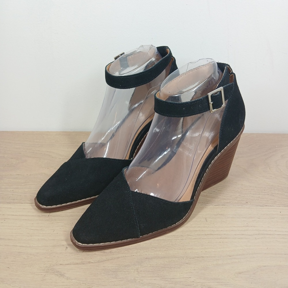 Crown Vintage Wedge Pumps Women 11 Black Suede Pointed Toe Ankle Strap Boho